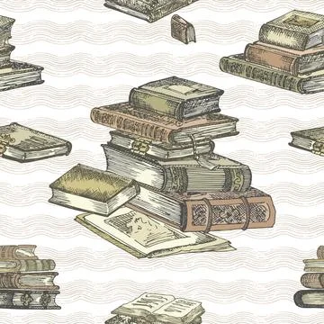 Seamless pattern with hand drawing sketch vintage books for Stock Illustration