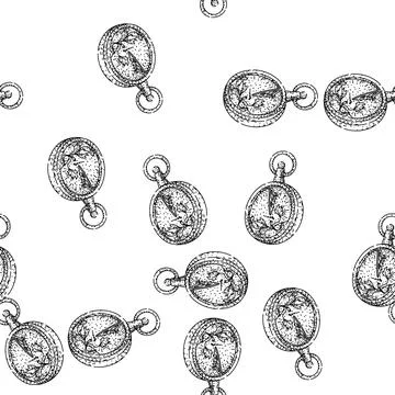 Seamless pattern Hand drawing vintage pocket sundial showing time measurement Stock Illustration