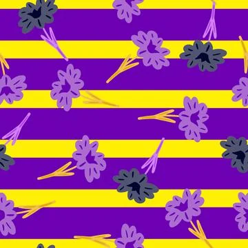 Seamless pattern with hand drawing wild flowers on yellow purple striped back Stock Illustration