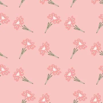 Seamless pattern with hand drawing wild flowers on light pink background. Vec Stock Illustration