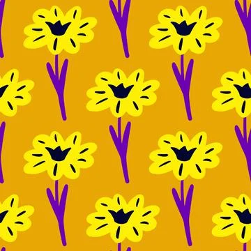 Seamless pattern with hand drawing wild flowers on bright yellow background.  Stock Illustration