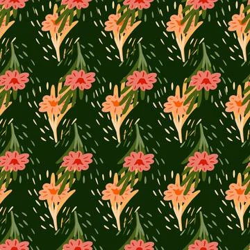 Seamless pattern with hand drawing wild flowers on green background. Vector p Illustrazione stock