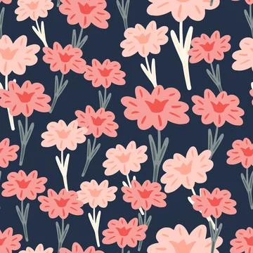 Seamless pattern with hand drawing wild flowers on dark gray background. Vect Stock Illustration