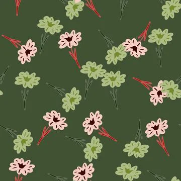 Seamless pattern with hand drawing wild flowers on green background. Vector f Stock Illustration