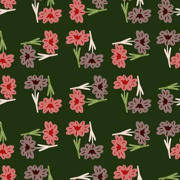 Seamless pattern with hand drawing wild flowers on green background. Vector f Stock Illustration
