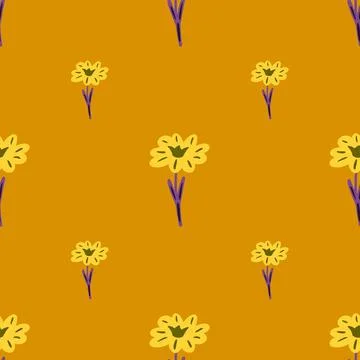 Seamless pattern with hand drawing wild flowers on yellow background. Vector  Stock Illustration