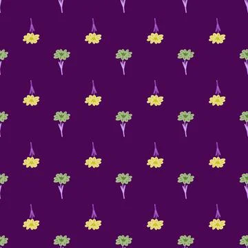 Seamless pattern with hand drawing wild flowers on purple background. Vector  Stock Illustration