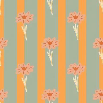 Seamless pattern with hand drawing wild flowers on orange green striped backg Stock Illustration