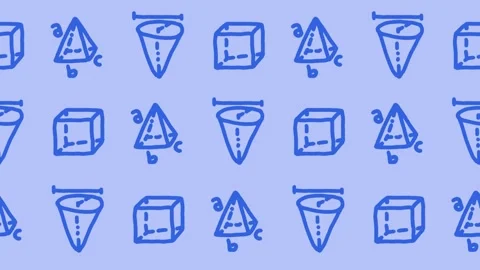 Seamless pattern of hand-drawn 3d geometric shapes and math formula diagrams Stockbeeldmateriaal 336518355