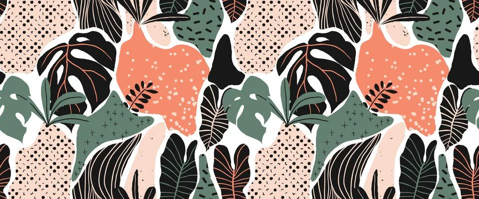 Seamless pattern, hand drawn abstract plant, leaf , Split leaf Philodendron Stock Illustration
