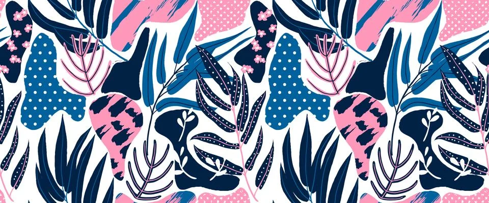 Seamless pattern, hand drawn abstract plant, leaf and flowers Stock Illustration