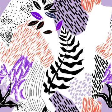 Seamless pattern, hand drawn abstract shape and plants on white background Stock Illustration