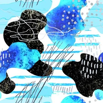 Seamless pattern with hand drawn abstract watercolor spots, doodles Illustrazione stock