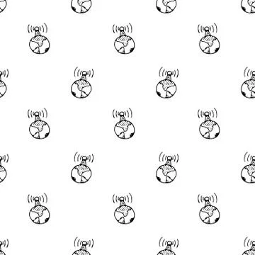 Seamless pattern hand drawn antenna on the planet. Doodle black sketch. Sign  Stock Illustration