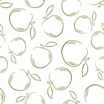Seamless pattern of hand drawn apples with leaves in a simple line art style on Stock Illustration