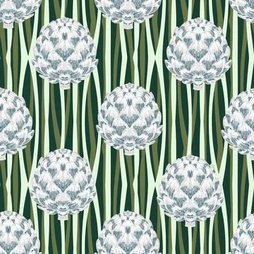 Seamless pattern with hand-drawn artichokes on abstract stripes background. A Stock Illustration