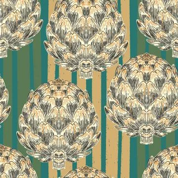 Seamless pattern with hand-drawn artichokes on abstract stripes background. A Stock Illustration