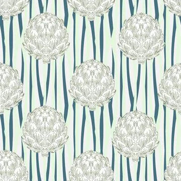 Seamless pattern with hand-drawn artichokes on abstract stripes background. A Stock Illustration