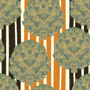 Seamless pattern with hand-drawn artichokes on abstract stripes background. A Stock Illustration