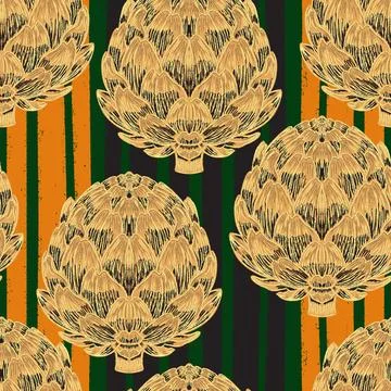 Seamless pattern with hand-drawn artichokes on abstract stripes background. A Stock Illustration
