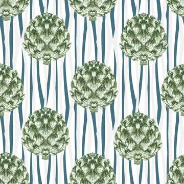 Seamless pattern with hand-drawn artichokes on abstract stripes background. A Stock Illustration