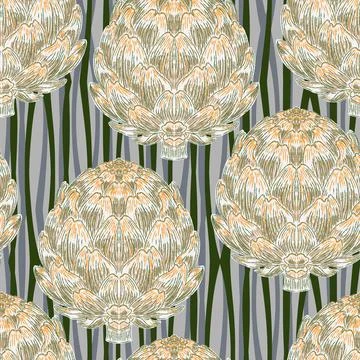 Seamless pattern with hand-drawn artichokes on abstract stripes background. A Stock Illustration