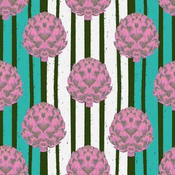 Seamless pattern with hand-drawn artichokes on abstract stripes background. A Stock Illustration