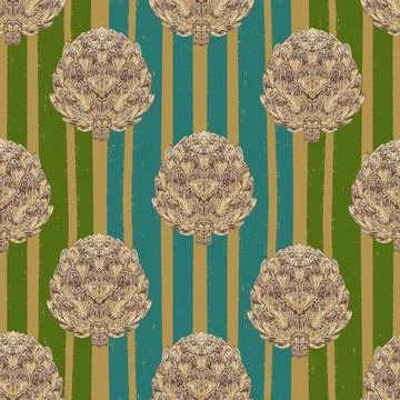 Seamless pattern with hand-drawn artichokes on abstract stripes background. A Stock Illustration