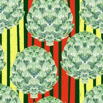 Seamless pattern with hand-drawn artichokes on abstract stripes background. A Stock Illustration