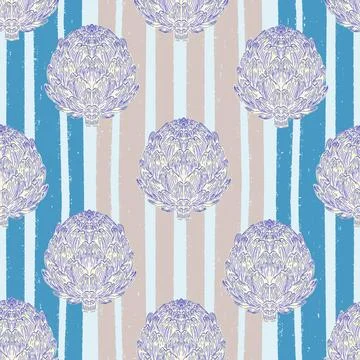 Seamless pattern with hand-drawn artichokes on abstract stripes background. A Stock Illustration