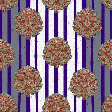 Seamless pattern with hand-drawn artichokes on abstract stripes background. A Stock Illustration