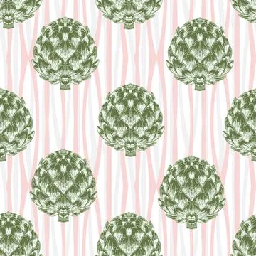 Seamless pattern with hand-drawn artichokes on abstract stripes background. A Stock-Illustration