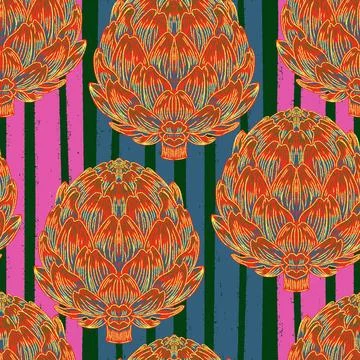 Seamless pattern with hand-drawn artichokes on abstract stripes background. A Stock Illustration