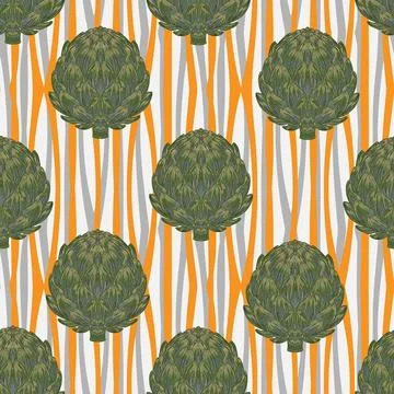 Seamless pattern with hand-drawn artichokes on abstract stripes background. A Stock Illustration