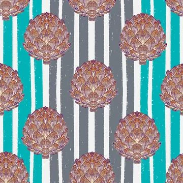 Seamless pattern with hand-drawn artichokes on abstract stripes background. A Stock Illustration
