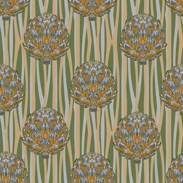 Seamless pattern with hand-drawn artichokes on abstract stripes background. A Illustrazione stock