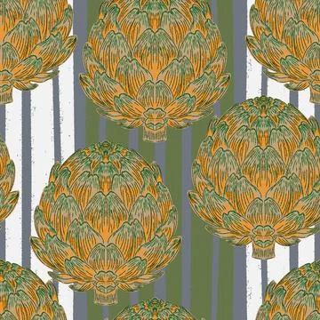 Seamless pattern with hand-drawn artichokes on abstract stripes background. A Stock Illustration
