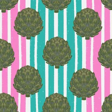 Seamless pattern with hand-drawn artichokes on abstract stripes background. A Illustrazione stock