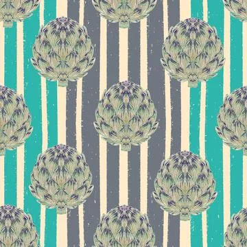 Seamless pattern with hand-drawn artichokes on abstract stripes background. A Stock-Illustration