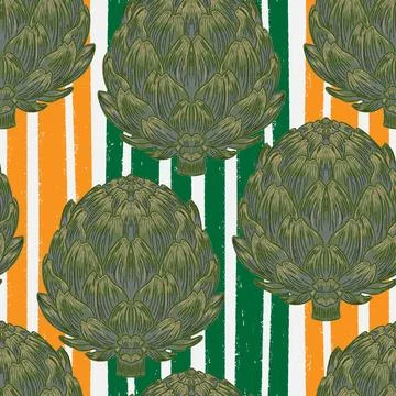 Seamless pattern with hand-drawn artichokes on abstract stripes background. A Stock Illustration