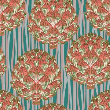 Seamless pattern with hand-drawn artichokes on abstract stripes background. A 스톡 일러스트