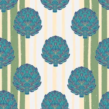 Seamless pattern with hand-drawn artichokes on abstract stripes background. A 스톡 일러스트