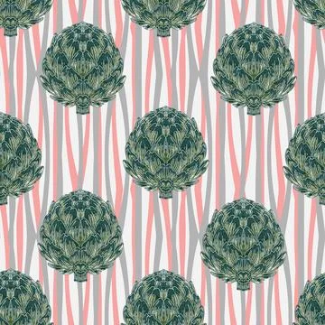 Seamless pattern with hand-drawn artichokes on abstract stripes background. A Illustrazione stock