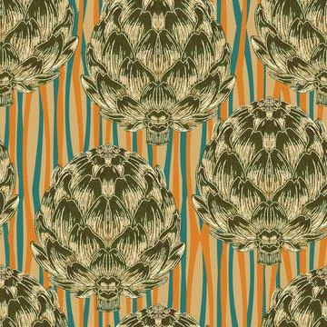 Seamless pattern with hand-drawn artichokes on abstract stripes background. A Illustrazione stock