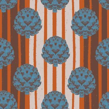 Seamless pattern with hand-drawn artichokes on abstract stripes background. A イラスト素材