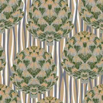 Seamless pattern with hand-drawn artichokes on abstract stripes background. A イラスト素材