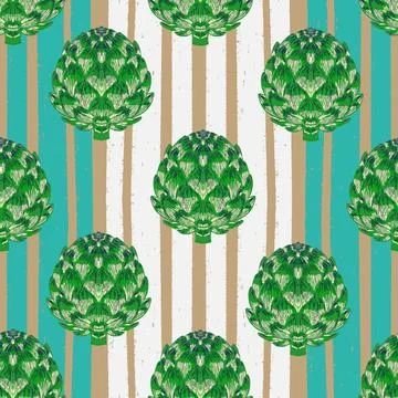 Seamless pattern with hand-drawn artichokes on abstract stripes background. A Stock Illustration