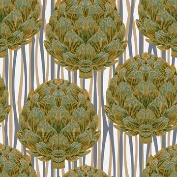 Seamless pattern with hand-drawn artichokes on abstract stripes background. A Stock Illustration