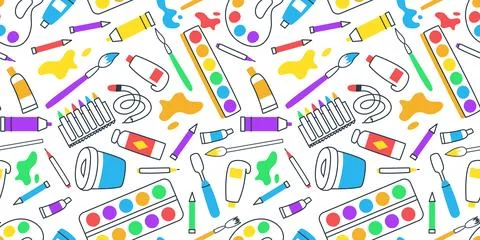 Seamless pattern of hand-drawn artist items Stock Illustration