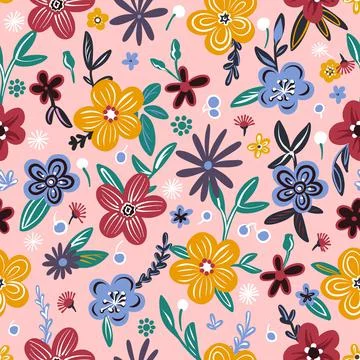 Seamless pattern. Hand-drawn Artistic Naive Flowers are multicolored on a pink Stock Illustration